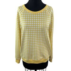 DRAPER JAMES Yellow White Gingham Plaid Crew Neck Raglan Sleeve Pullover Top L